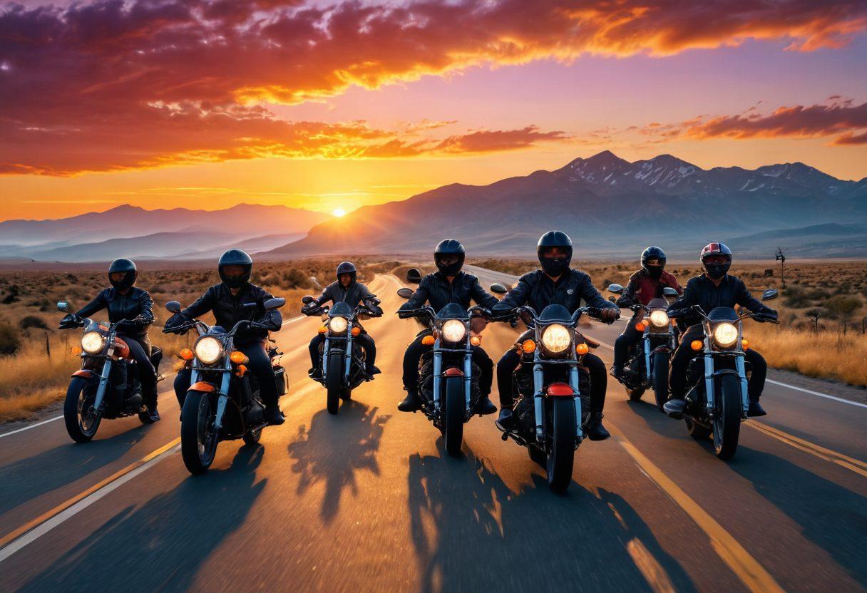A dynamic scene showcasing a diverse group of bikers revving their motorcycles against a stunning sunset backdrop, featuring vivid colors of the sky. The bikers, each in unique gear, share laughter and camaraderie around their bikes, symbolizing community and adventure. Include elements like winding roads and distant mountains, emphasizing the thrill of the journey. super-realistic. vibrant colors. cinematic lighting.