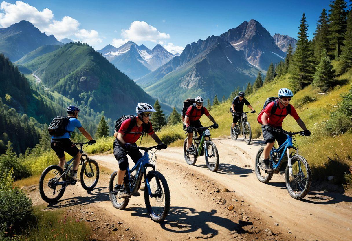 A dynamic scene depicting a diverse group of bikers on various terrains, showcasing high-quality biking equipment like helmets, jerseys, and mountain bikes. Incorporate vibrant landscapes such as mountains, lush forests, and winding roads to illustrate adventure. Display the bikers in action, emphasizing camaraderie and freedom. Include an assortment of biking gear scattered around for visual interest. super-realistic. vibrant colors. dynamic composition.