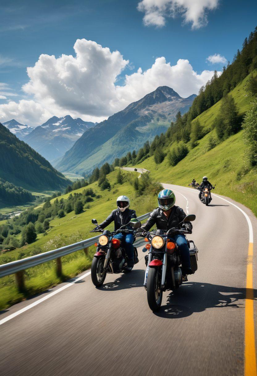 A dynamic scene showcasing a diverse group of bikers in vibrant, stylish gear, joyfully riding through a scenic winding road flanked by lush green landscapes and dramatic mountains in the background. The image should highlight different types of motorcycles, colorful helmets, and smiling faces of riders enjoying the open road. The sky is bright blue with fluffy white clouds, emphasizing a sense of freedom and adventure. super-realistic. vibrant colors.